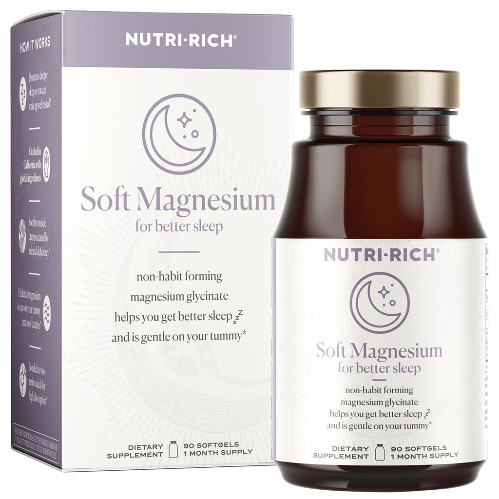 Nutri-Rich Magnesium Glycinate Chelate, Magnesium 400mg,Vitamin for Better Sleep, MCT Oil, High Potency, Easy Absorption, Muscle, Heart Health, Relaxation, 90 Count, Gluten Free, No Soy, Non GMO
