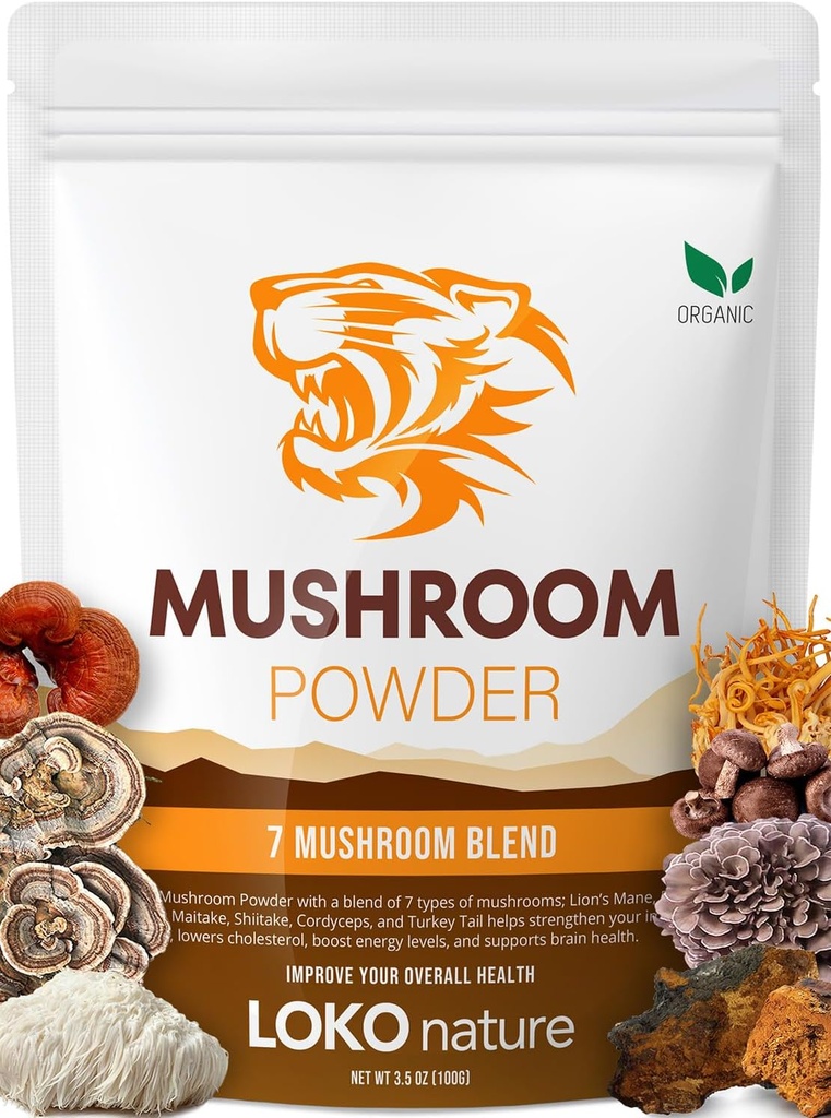 Tiger 7 Mushroom Powder Extract - 3.5oz (100g) Blend ← Ingredientes naturales - Lions Mane, Turquía Tail, Maitake, Shiitake, Reishi, Chaga & Cordyceps TEN Gluten-Free, Vegan, Dairy-Free