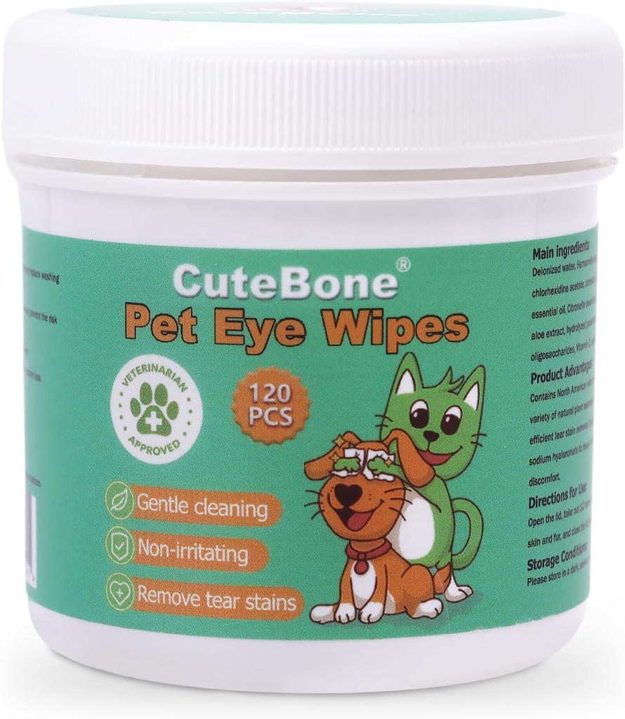 CuteBone Pet Eye Wipes 120 Count - Gentle and Soothing Eye Cleaning Wipes for Dogs and Cats, Removes Dirt, Tear Stains, and Debris, Prevents Eye Infections, Natural Ingredients, Safe and Easy to Use