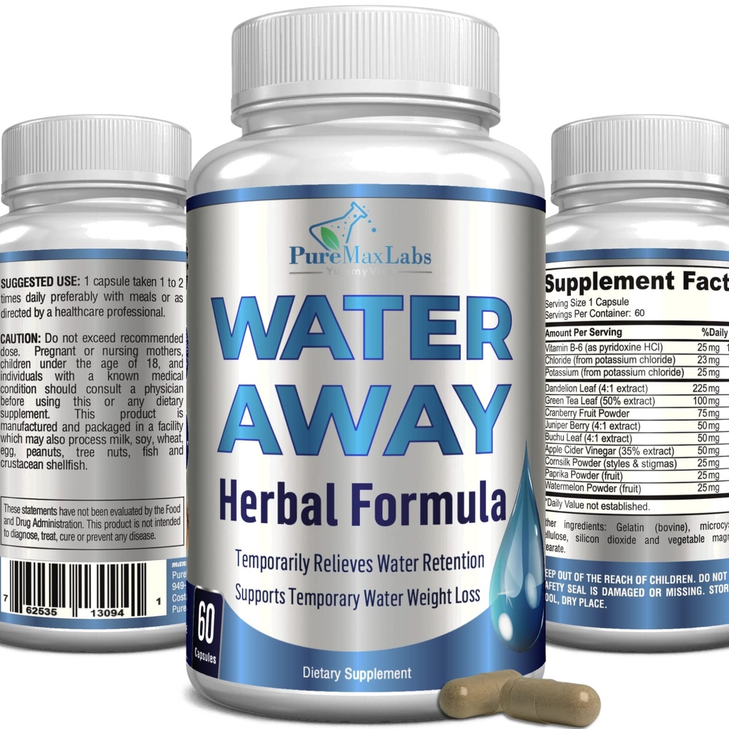 Agua Away Gentle Herbal Diuretic - Natural Diuretic Water Pills - Aliviar Bloating, Reducir Excess Water Weight with Dandelion Leaf, Green Tea, Detox Cleanse &amp; Urinary Health. Non-GMO, 60 cápsulas