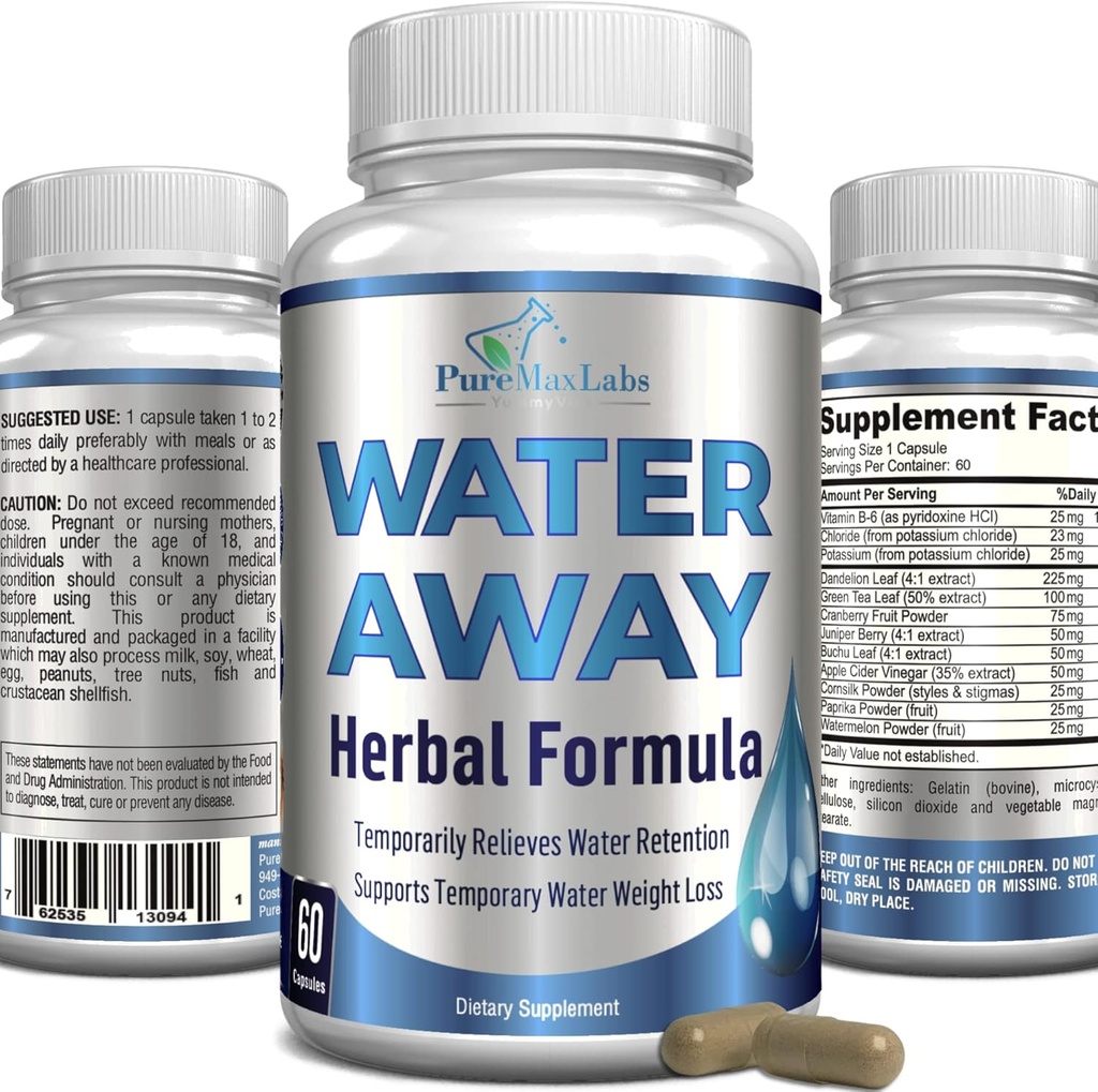 Agua Away Gentle Herbal Diuretic - Natural Diuretic Water Pills - Aliviar Bloating, Reducir Excess Water Weight with Dandelion Leaf, Green Tea, Detox Cleanse &amp; Urinary Health. Non-GMO, 60 cápsulas