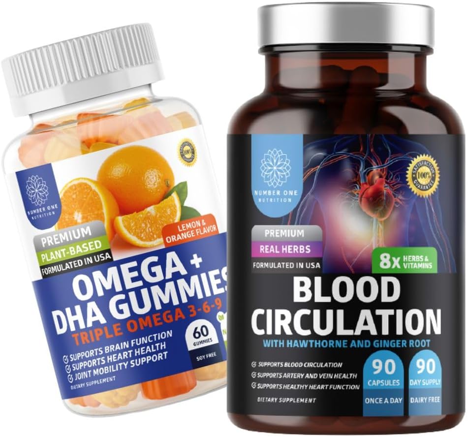 Número 1 Nutrición N1N Premium Blood Circulation Suplemento con [8 potentes hierbas & vitaminas] y Omega 3 6 9 + DHA Gummies, 2 Pack Bundle