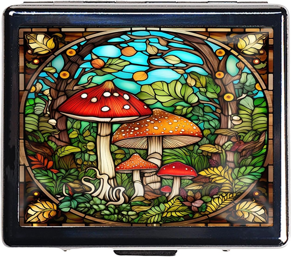 Organizador de la píldora de viaje 7 días caja de la pila de metal con espejo y 8 compartimentos Organizador de la píldora de viaje lindo para el placer (Mushroom Garden)