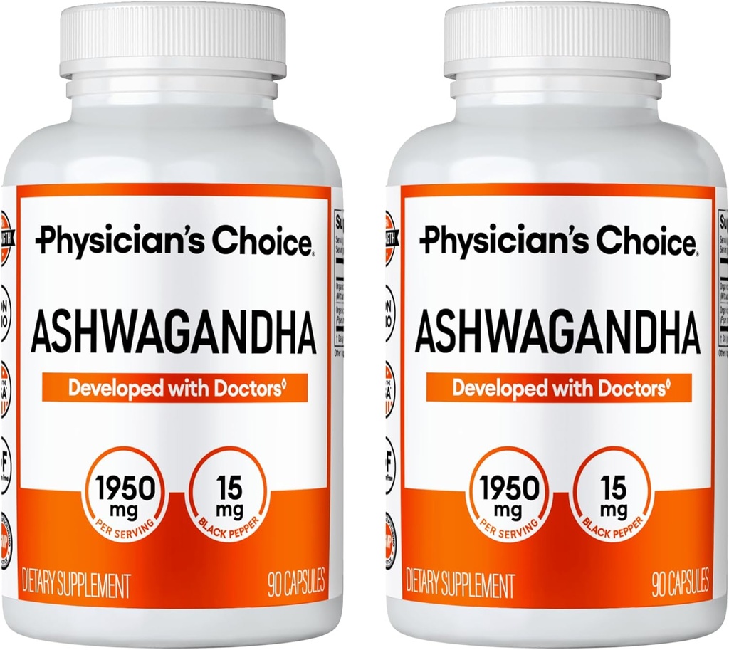 Physician's CHOICE Ashwagandha 1950mg Organic Ashwagandha Root Powder con Black Pepper Extract, Stress Support, Mood Support Supplement, 90 Veggie Ashwagandha Capsules - 2 PCK