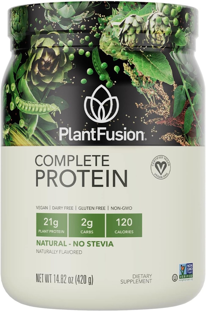 PlantFusion Complete Vegan Protein Powder - Planta Basada Proteína Polvo con BCAAs, Enzimas Digestivos y Pea Protein - Keto, Gluten Gratis, No-Dairy, No Sugar, No-GMO - Natural-No Stevia 0.93 lb