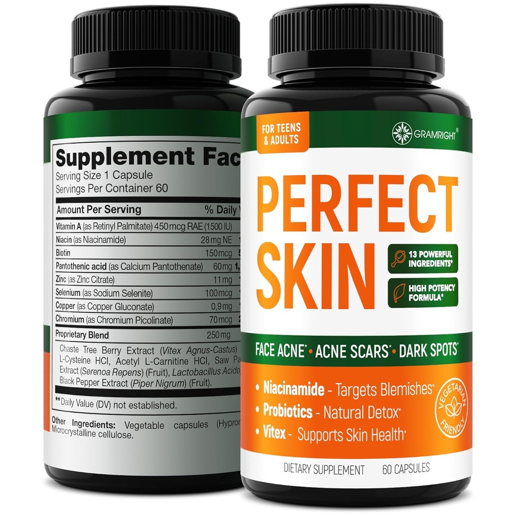 Perfect Skin Acne Capsules – Niacinamide, Biotina, Vitamina A " Probióticos para adolescentes " Adultos – 13 potentes ingredientes para Face Acne, Acne Scars " Dark Spots – 60 cápsulas Vegan, Hecho en los EE.UU.