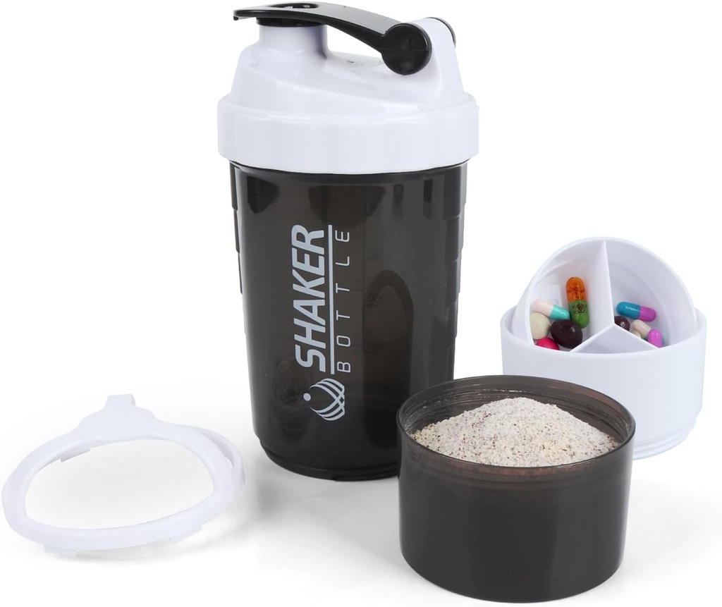 Shaker Bottle - Protein Shaker Cup con Compartimientos de almacenamiento - Botellas de afeitado resistente al vacío con mezclador para mezclador de espuma-500ML/16oz (WHITE &amp; BLACK)