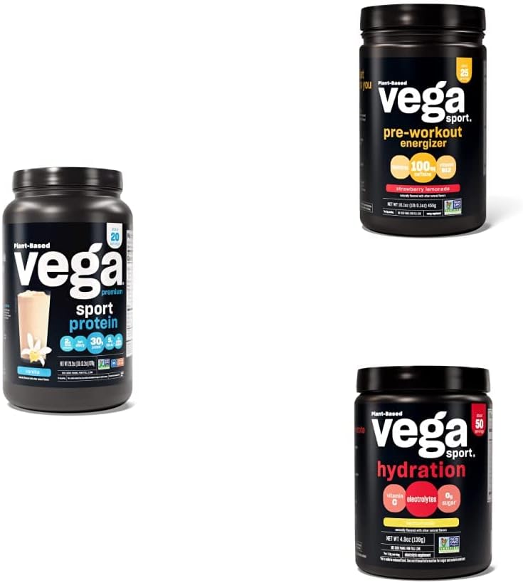 Vega Sport Routine Bundle - Premium Vanilla Protein Powder (20 Servings) Strawberry Lemonade Preworkout Energizer (25 Servings) y Lemonade Electrolyte Hydration (50 Servings)
