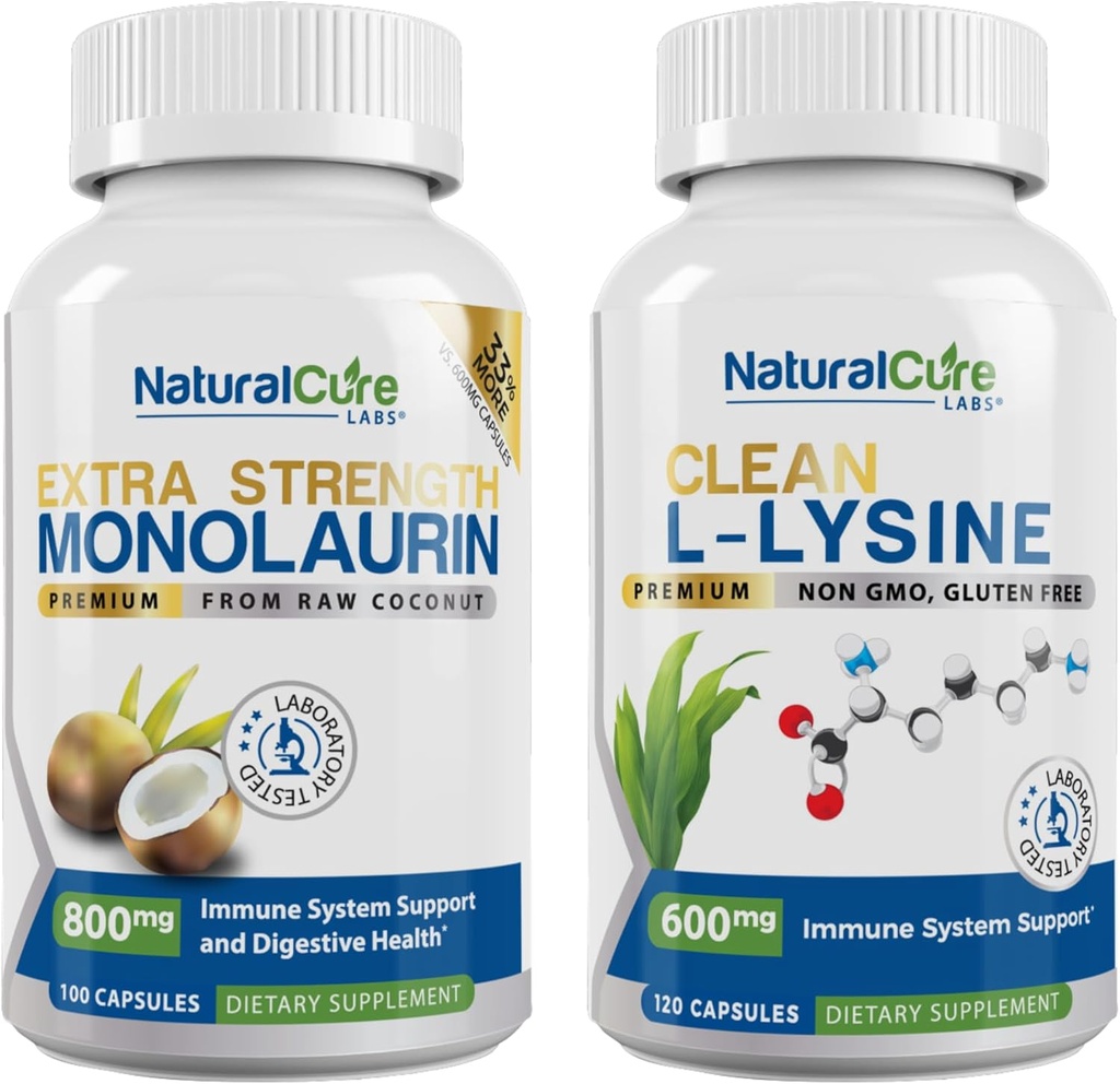 Natural Cure Labs Bundle: Extra Strength Monolaurin 800mg + Limpio L-Lysine 600mg
