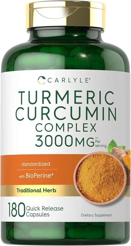 Carlyle Turmeric Curcumin Suplemento Silencio 3000mg 180 Capsules  durable with Black Pepper, Curcuminoids and Bioperine ← Non-GMO, Gluten Free