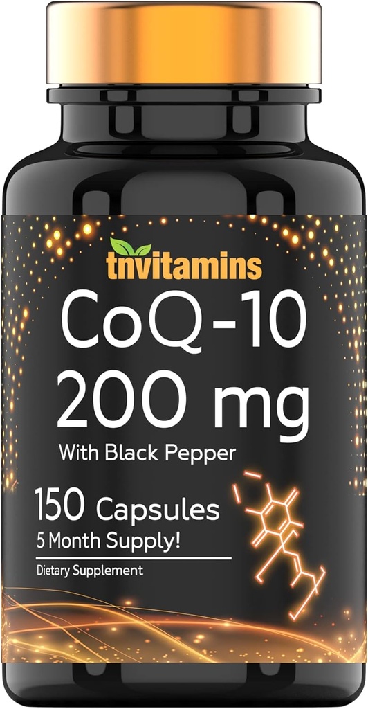 tnvitamins CoQ-10 200mg - 150 cápsulas con Black Pepper Extract ¦ 5 Month Supply! ¦ Powerful Free Radical Fighting Antioxidant ← Max Absorption Rapid Release Capsules ← Coenzyme Q-10 200 mg