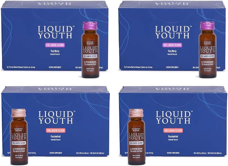 Líquido Collagen Elixir Shots for Women &amp; Men - Premium Liquid Marine Collagen for Hair Growth, Skin, Nail, Bone & Joint Health - Pre-Mixed, Travel-Friendly (Passion Fruit & Very Berry, 40 Servings)
