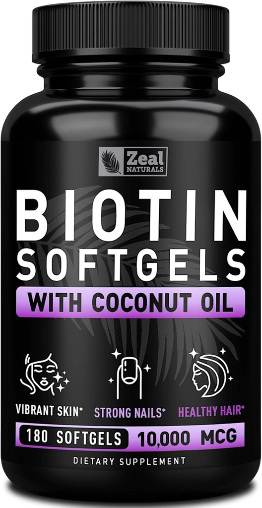 Zeal Naturals Biotina con aceite de coco para el cabello 10000mcg (180 Softgels) Suplemento - Píldoras de biotina para la piel del cabello y uñas Vitaminas para mujeres Capsules para Hombre Crecimiento del cabello 6 mo Abastecimiento