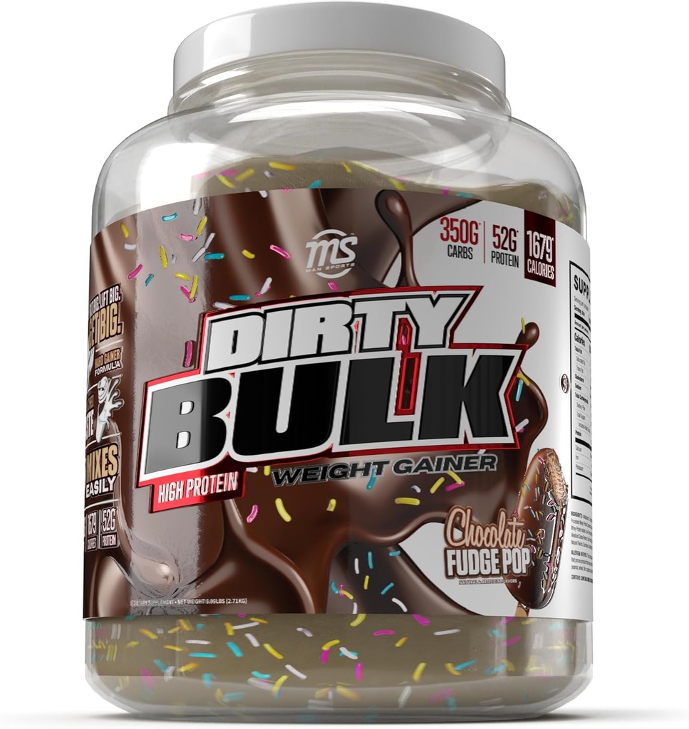 MAN Sports - Dirty Bulk: Chocolate Fudge Pop High Protein Weight Gainer Powder con 52g de Protein