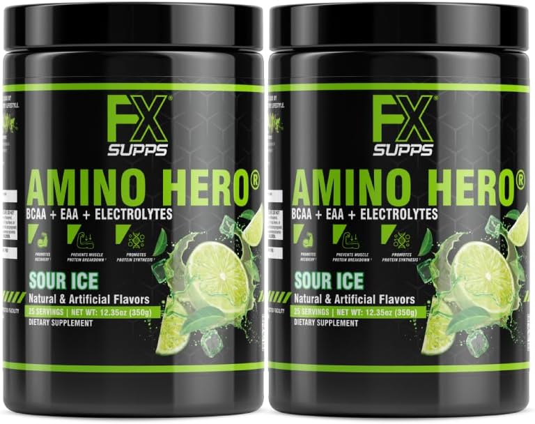 FXSUPPS Amino Hero Sour Ice Flavor (50 Servings) ← Post-Workout Recovery Bebida para Hombres y Mujeres ← Energy Powder Mix with BCAA, EAA, and Electrolytes ⋅ Promotes Endurance and Healthy Muscles - 2 Pack