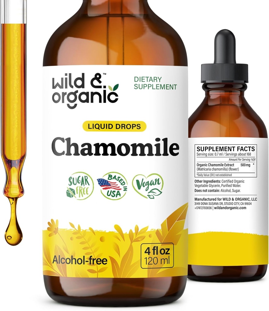 Wild &amp; Organic Chamomile Flowers Tincture - Suplemento de calma para la relajación - Chamomile Extract Liquid Drops - Vegan, Azúcar &amp; Alcohol-Free - 4 fl oz