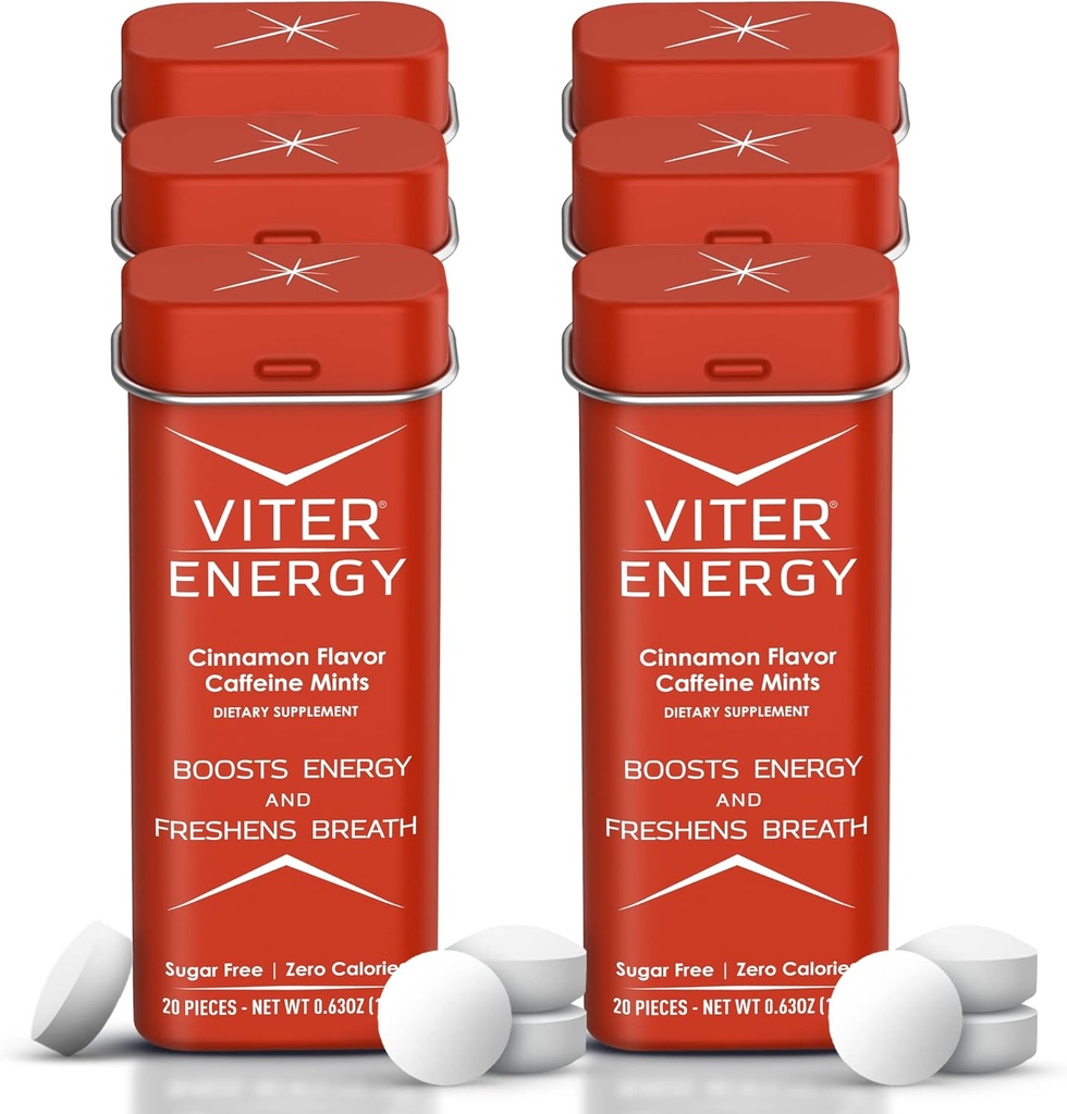 Viter Energy Caffeine Mints (120 piezas) - 40 mg Caffeine, Sugar Gratis, Vegan, Complejo de vitaminas B, Suplemento energético Caffeine Pills (Cinnamon, 6 Pack)