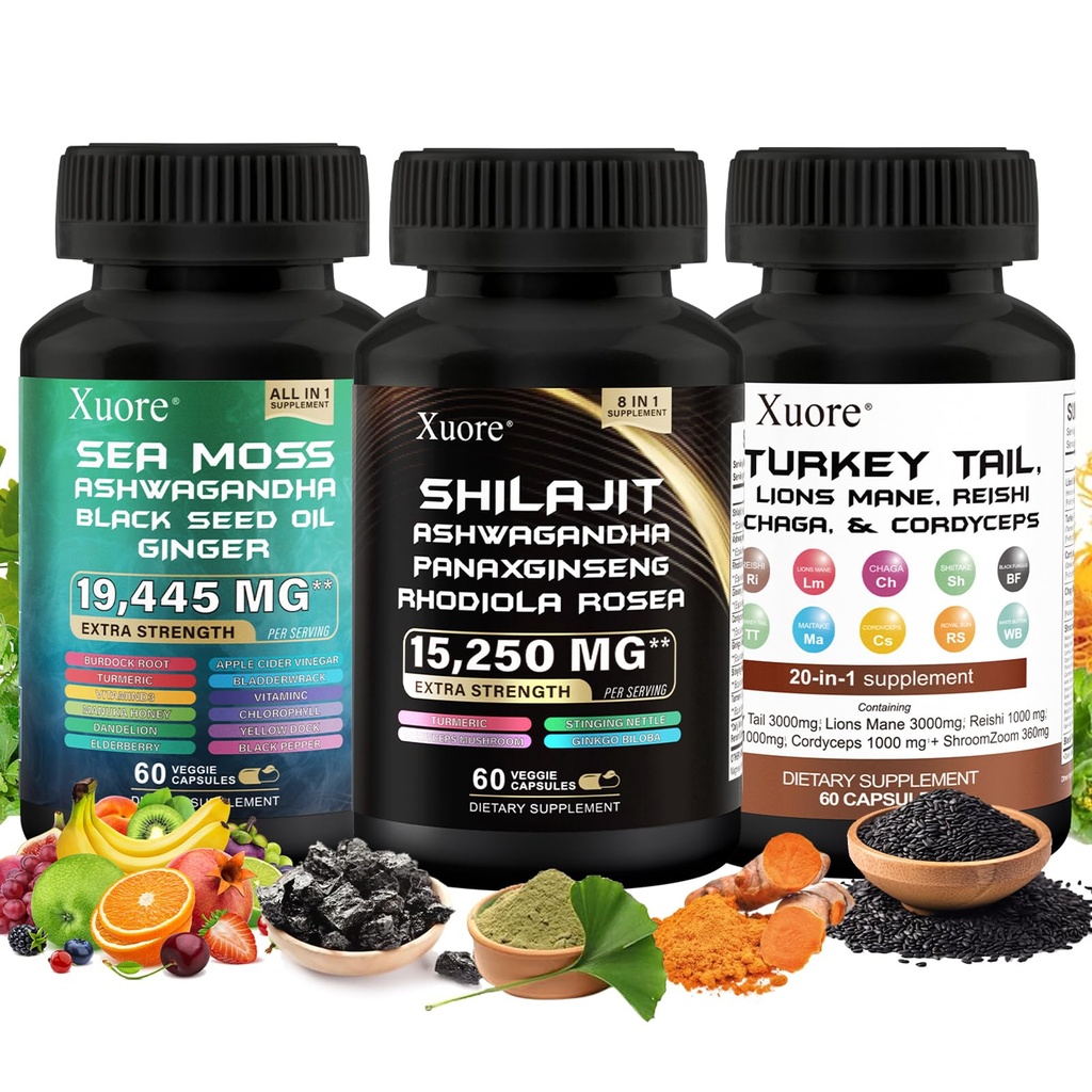 Shilajit,Sea Moss, Black Seed Oil,Mushroom & Herb Suplemento con Lions Mane, Turquía Tail, Reishi, Cordyceps, Chaga, Ashwagandha, Ginger, Rhodiola Rosea &amp; Panax Ginseng, All in One Supplement.