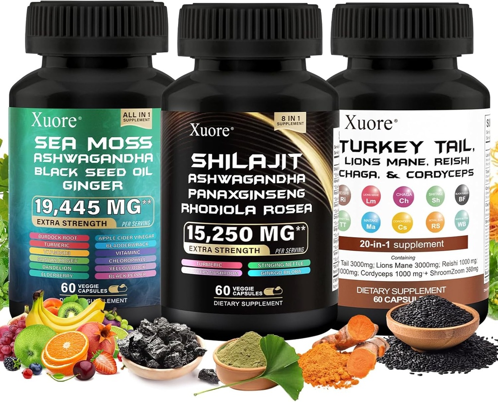 Shilajit,Sea Moss, Black Seed Oil,Mushroom & Herb Suplemento con Lions Mane, Turquía Tail, Reishi, Cordyceps, Chaga, Ashwagandha, Ginger, Rhodiola Rosea &amp; Panax Ginseng, All in One Supplement.