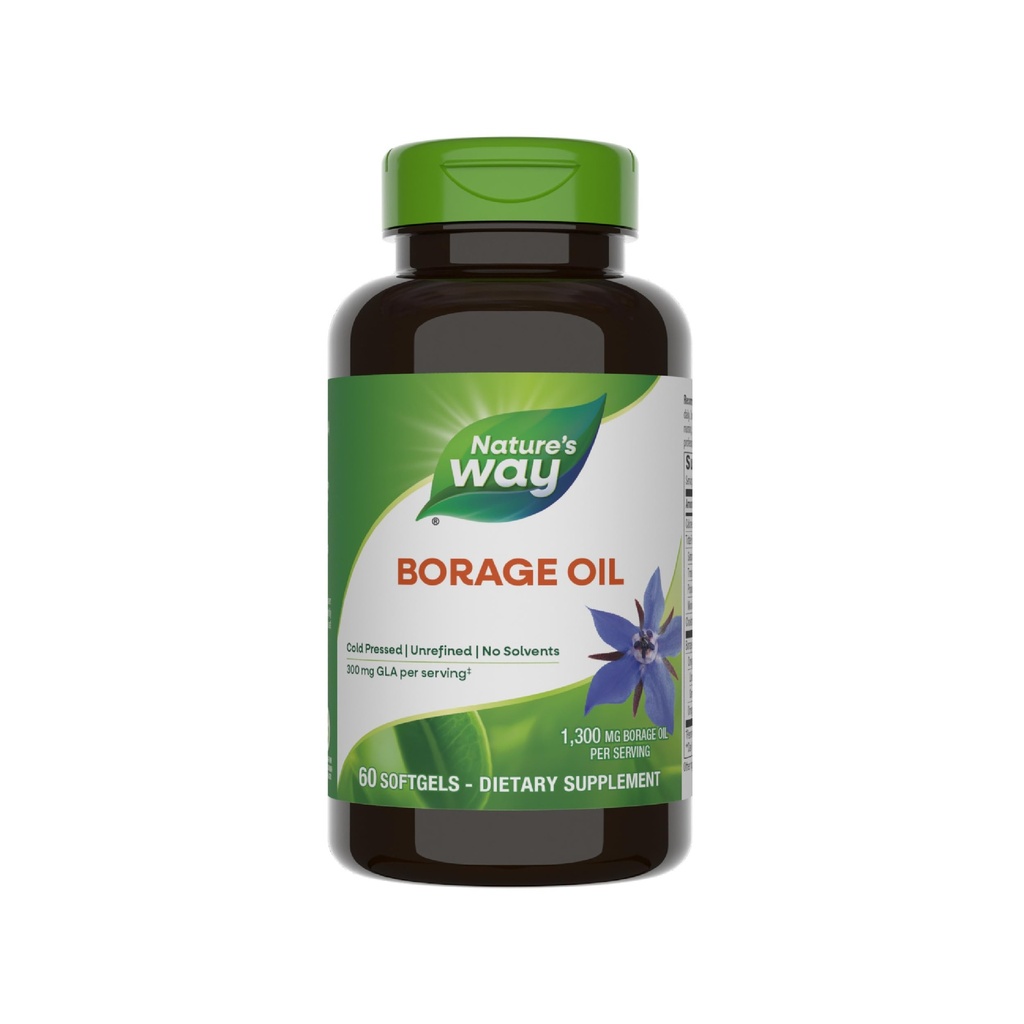 Nature's Way Borage Oil Supplements, Cold Pressed & Unrefined, 300 mg GLA and 440 mg Linoleic Acid per Serving, 60 Softgels (Packaging May Vary)