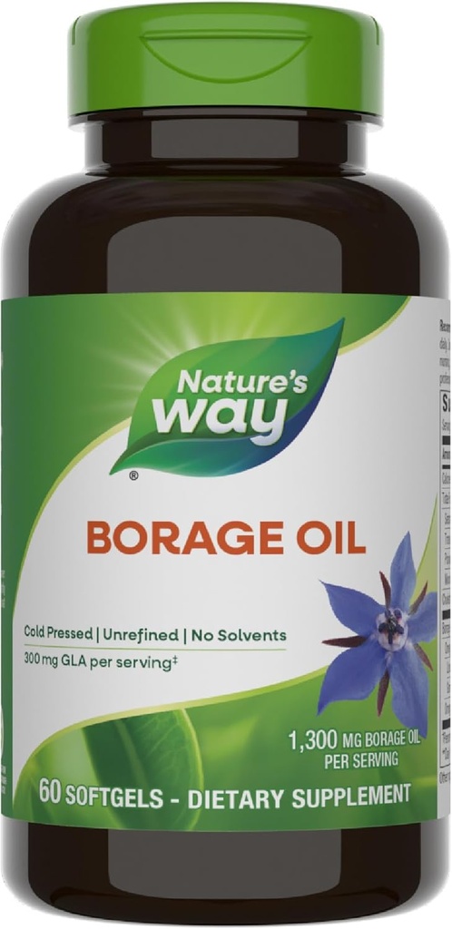 Nature's Way Borage Oil, Cold Pressed & Unrefined, GLA Supplement, 300 mg GLA and 440 mg Linoleic Acid per Serving, 60 Softgels (Packaging May Vary)