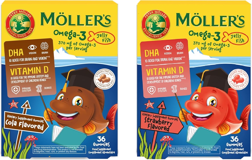 MÖLLER'S Silencio Omega 3 cápsulas para niños Silencio natural Omega 3 pescado con DHA y EPA Silencio fácil de desgarrar, sin gluten, lactosa y azúcar Silencioso paquete de 72 ¦ Cola &amp; Strawberry Flavour