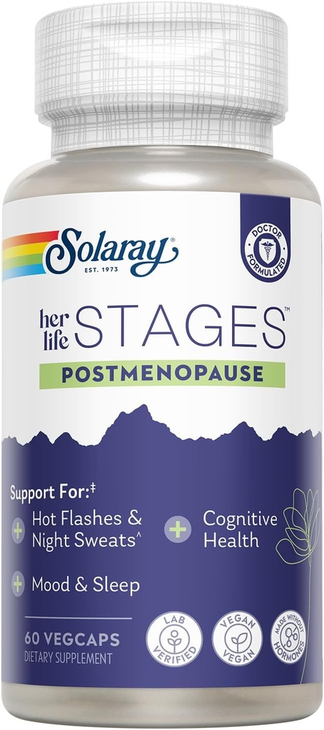 SOLARAY Postmenopause her Life Stages - Post Menopause Supplements for Women with Resveratrol - Vegan and Made Without Hormones - Garantía de 60 días - Vegan, Lab Verified - 30 Servings, 60 VegCaps