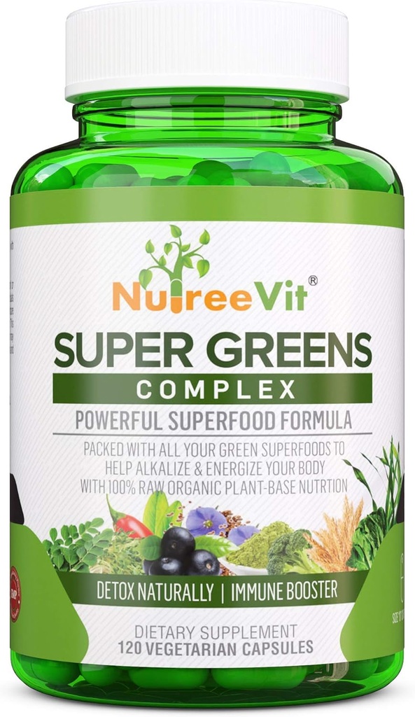 SuperGreens - Spirulina, Clorella, Wheatgrass + Más - Nutrient-Packed Green Blend (90 cápsulas)