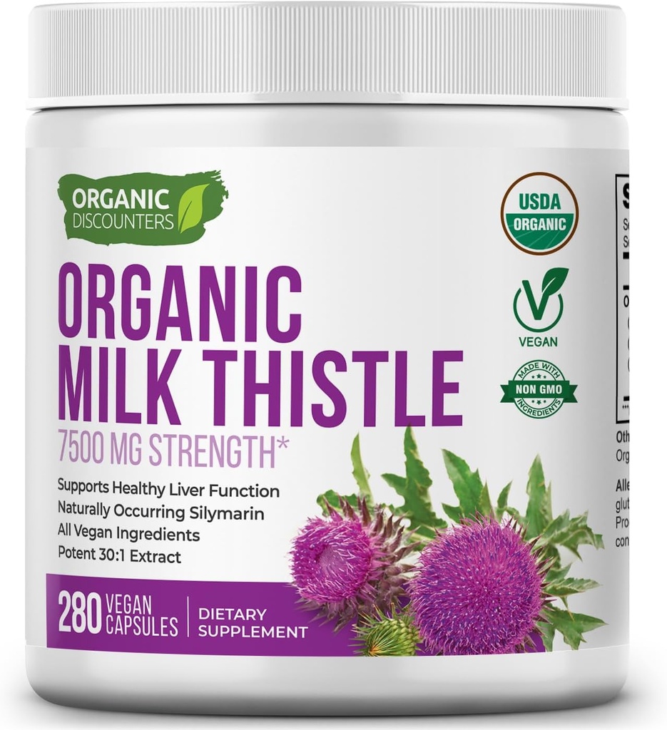 Milk Thistle Capsules, 280 Cuenta, 7500 mg Fuerza, Potent 30:1 Extracto, USDA Certified Organic, Rich in Silymarin Flavonoids, Vegan, Non-GMO y All-Natural