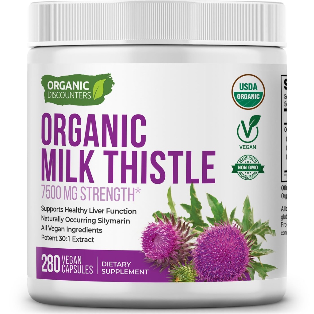 Milk Thistle Capsules, 280 Cuenta, 7500 mg Fuerza, Potent 30:1 Extracto, USDA Certified Organic, Rich in Silymarin Flavonoids, Vegan, Non-GMO y All-Natural