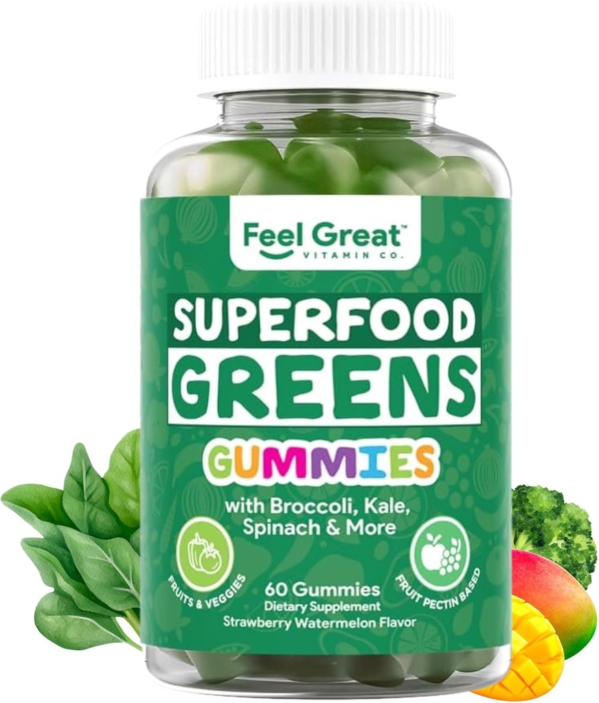 Super Greens Gummies - Suplemento de Superalimentos Verdes con Espinacas, Broccoli, Kale, Beet Root, Elderberry for Immunity Support - Fruit and Vegetable Suplemento - Watermelon Flavor, 60 Gummies