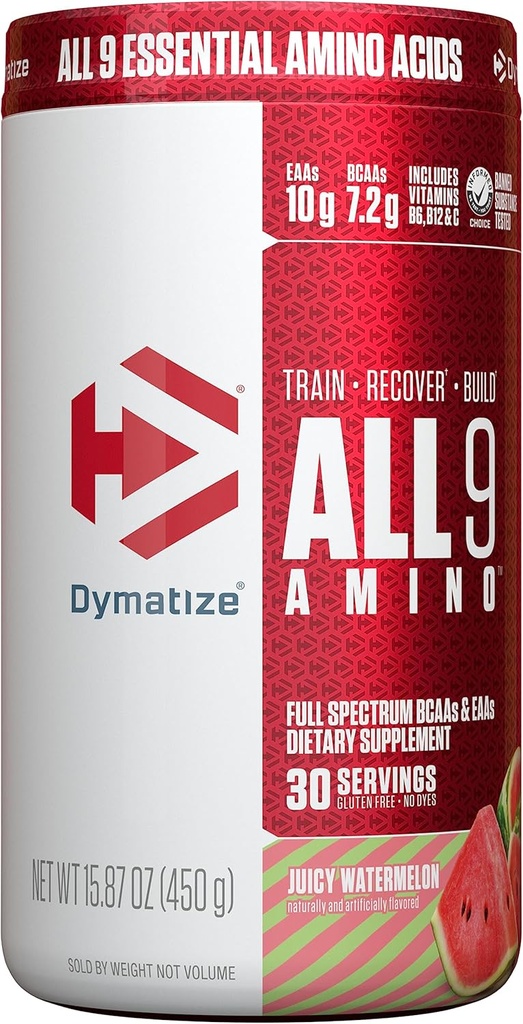 Dymatize All9 Amino, 7.2g of BCAAs, 10g of Full Spectrum Essential Amino Acids Por Serving for Recovery and Optimal Muscle Protein Synthesis, Juicy Watermelon, 30 Servings, 15.87 Ounce