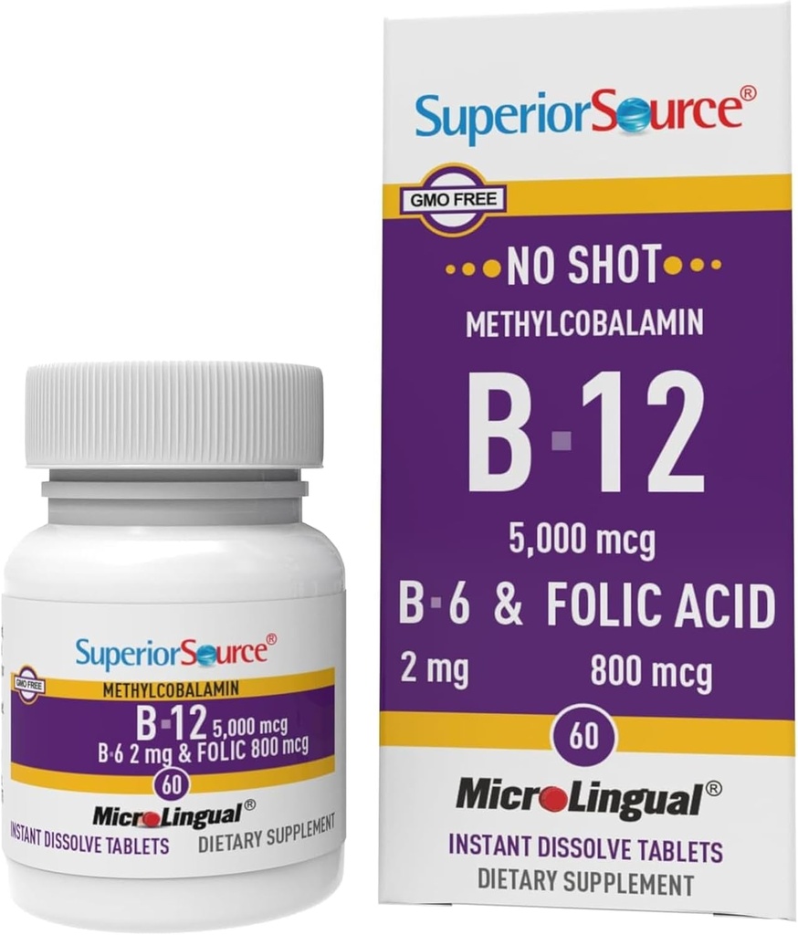 Fuente superior No Shot Vitamin B12 Methylcobalamin (5000 mcg), B6, ácido fólico, tabletas sublinguales de disuelve rápido, 60 Ct, aumento de energía, corazón sano, metabolismo de botas, apoyo al estrés, no GMO