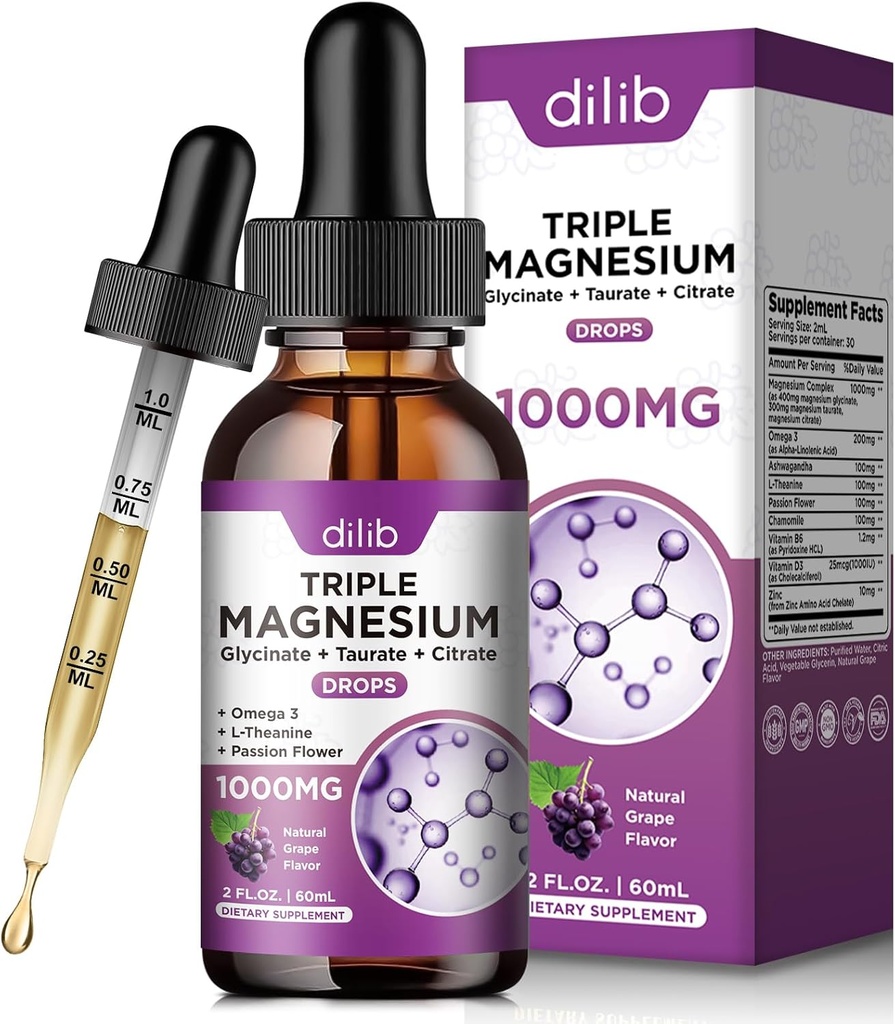gotas líquidas de magnesio Glycinate con citrato de Taurate - Suplemento de Mangesio para el sueño, alivio de estrés, hueso, músculo - 2 Fl Oz, Vegan, sabor de uva