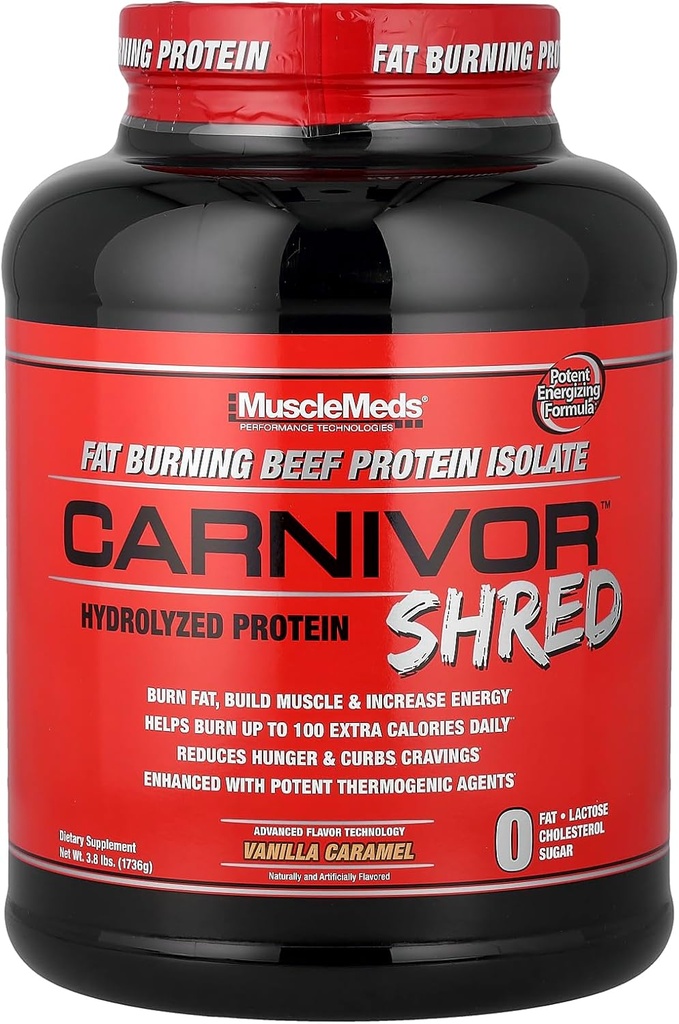 MuscleMeds Carnivor Shred Fat Burning Hydrolized Beef Protein Isolate, 0 Lactose, 0 Sugar, 0 Fat, Halal Certified, Vanilla Caramel, 4 libras, 56 Servimientos
