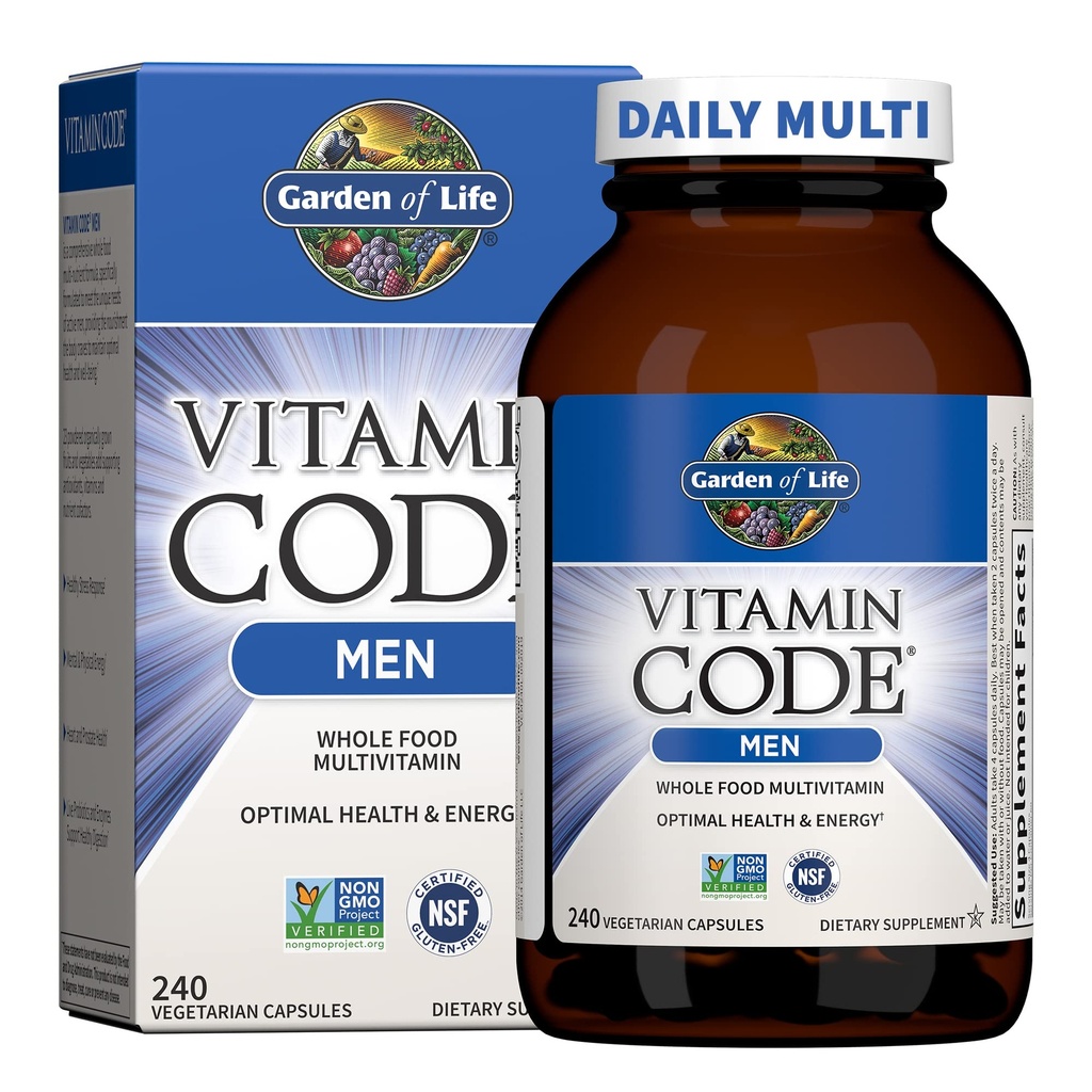 Jardín de la Vida Código de vitaminas Comida entera Multivitamínico para Hombres - 240 cápsulas, vitaminas para Hombres, hortaliza de frutas y probióticos para la energía, corazón, salud de próstata, multivitaminas de hombres vegetarianos