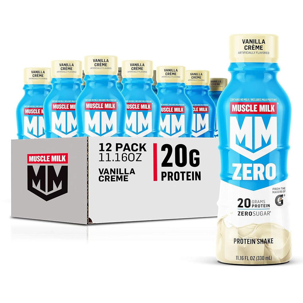 Muscle Milk Zero Protein Shake, Vanilla Crème, 20g Protein, Zero Sugar, 100 Calories, Calcio, Vitaminas A, C &amp; D, 4g Fiber, Energizing Snack, Workout Recovery, Packaging May Vary 11.16 Fl Oz (Pack of 12)