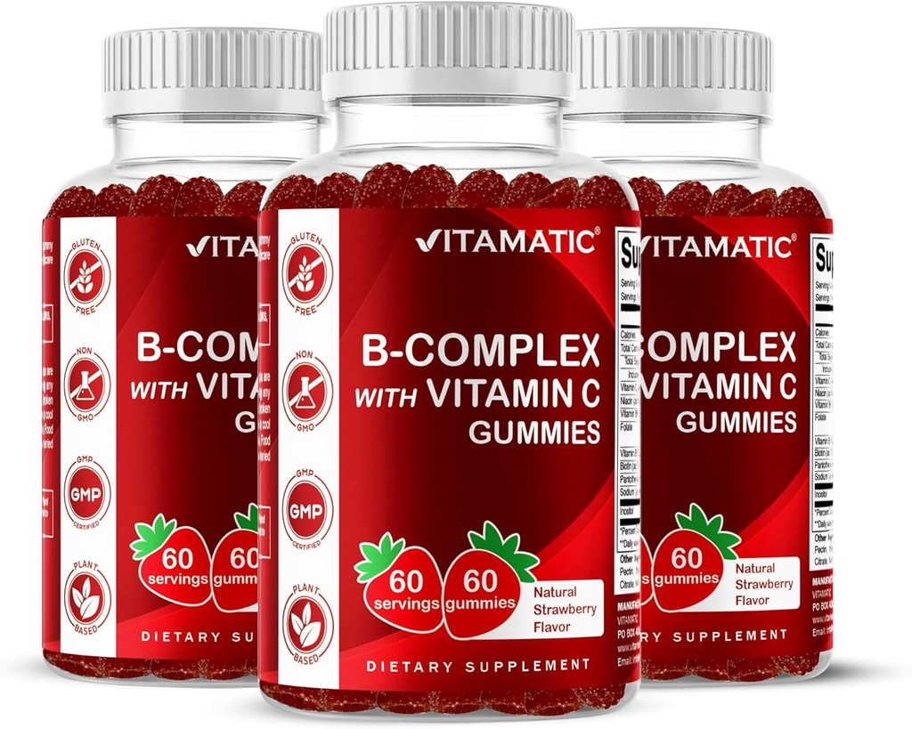 Complejo de vitamina B Vitamática con vitamina C &amp; Inositol - Sabor de fresa natural - 60 Gummies (3 botellas)