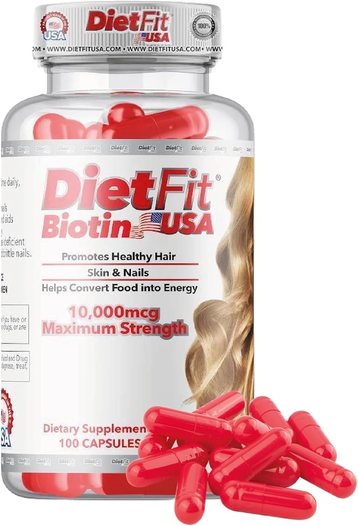 DIETFIT ← Biotin 100 Capsules ← Radiant Hair, Skin y Nails Fórmula tóxica Energizante Nutrient Blend ← Avanzado Belleza Soporte ← Fácil uso diario Ø Suplementos de fitness