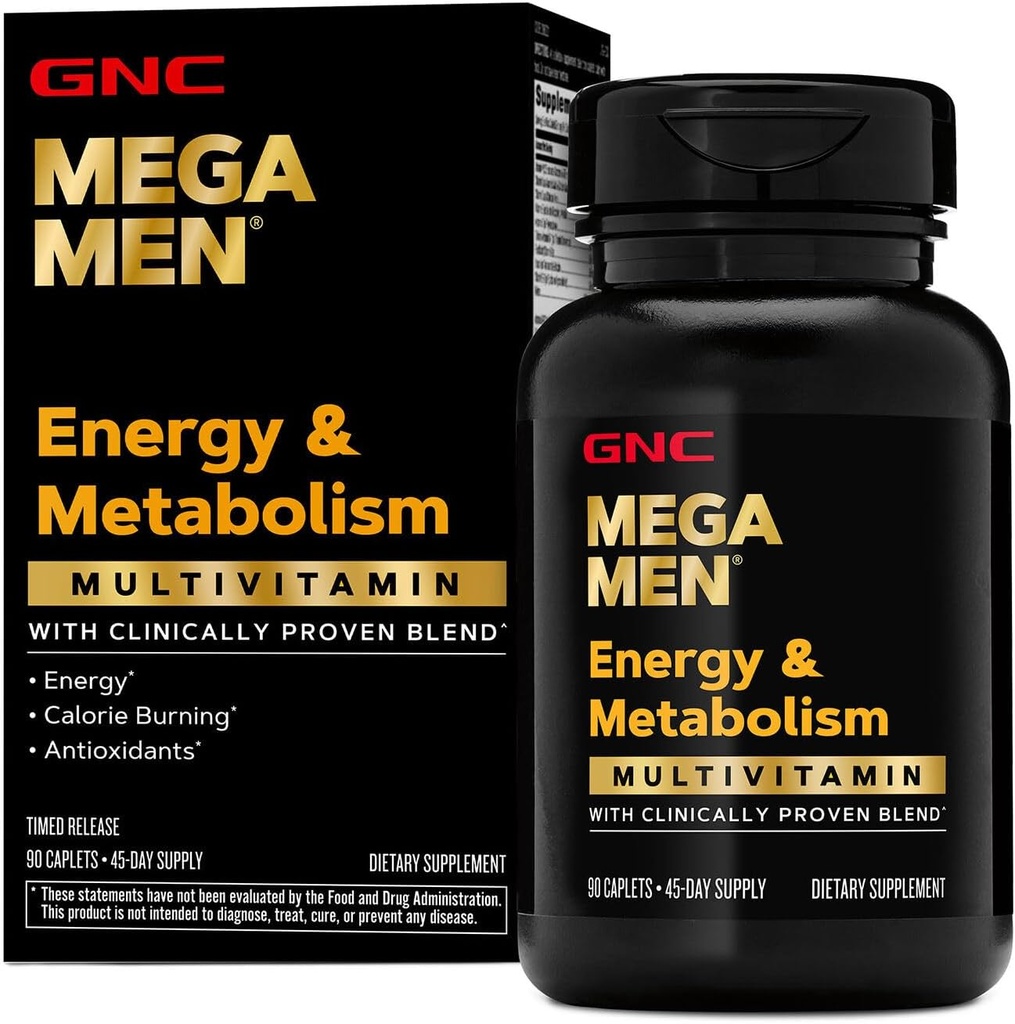 GNC Mega Men Multivitamin Caplets, clínicamente probados para sentirse mejor, soporte inmunológico, soporte energético, antioxidantes, vitaminas B, vitamina D-3, liberación de tiempo, 90 cuentan, suministro de 45 días