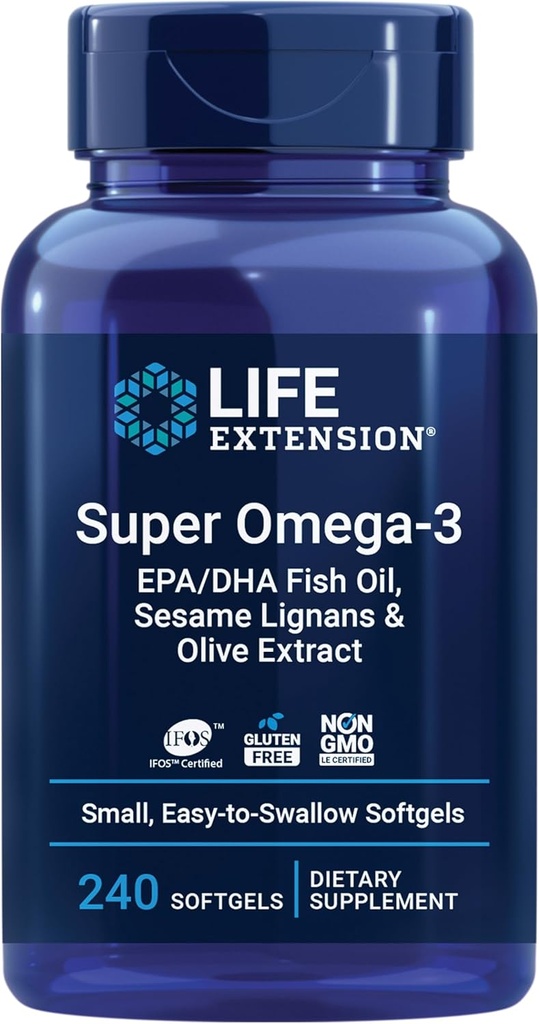 Extensión de vida Super Omega-3 EPA/DHA Fish Oil, Sesame Lignans & Olive Extract – Heart Health, Brain Health, Inflammation Health Support, Gluten-Free, Easy to Swallow, Non-GMO, 240 Softgels