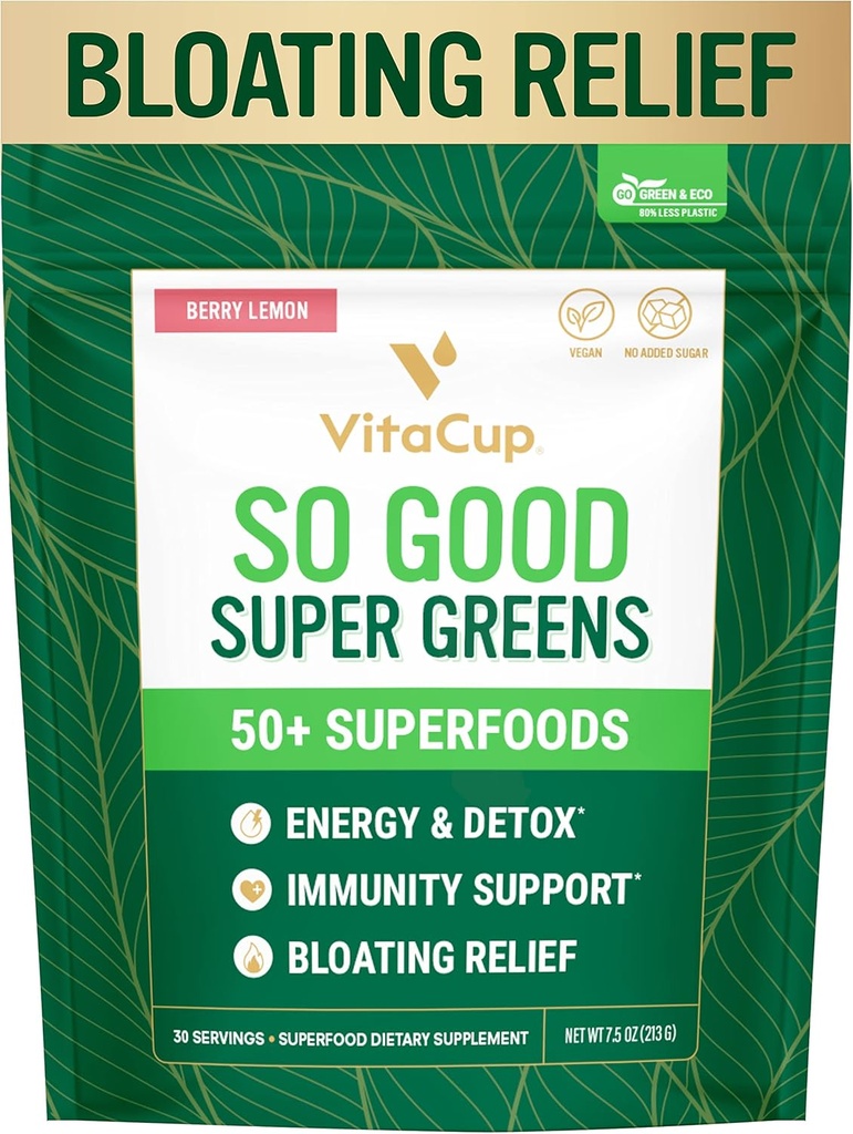 VitaCup So Good Super Greens Powder w/ 50+ Premium Superfoods, Boost Energy, Detox, Immunity w/Probiotics, Prebiotics, Fiber, Antioxidants, Adaptogens, Spirulina, Berry Lemon,30 Servings