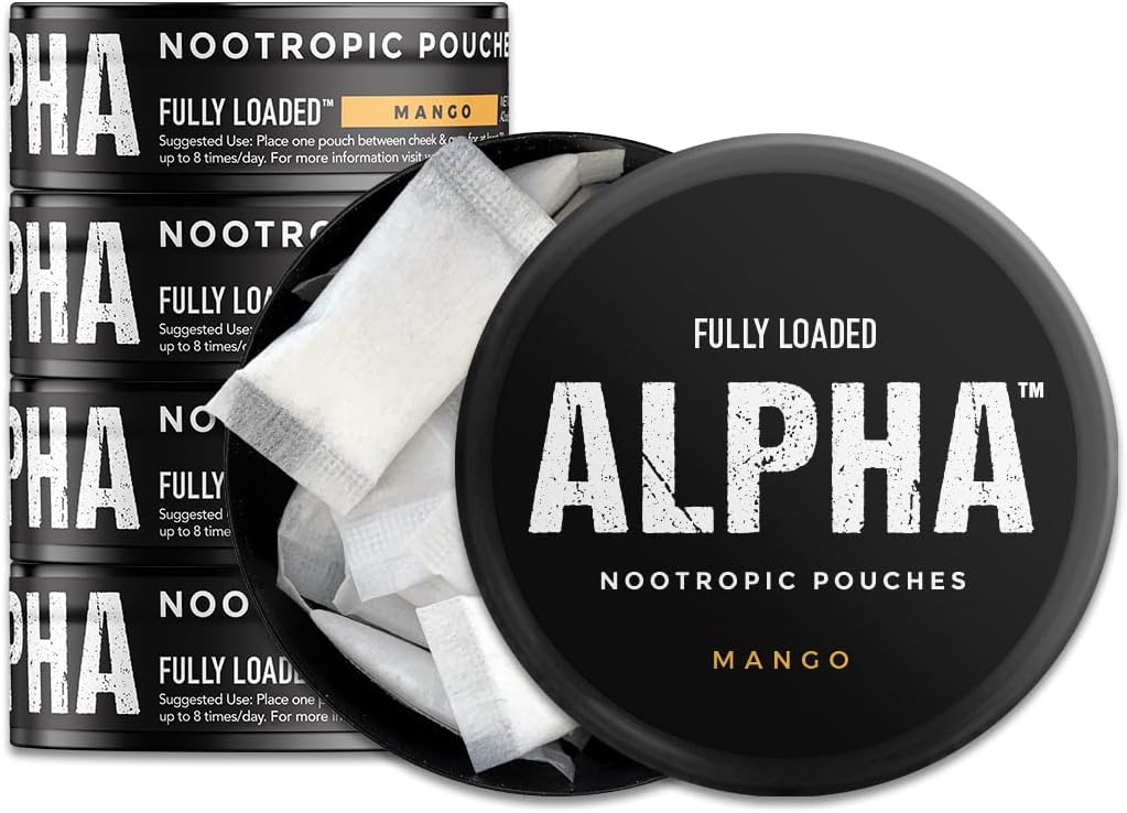 Pouches alfa totalmente cargados (Mango) - 5 Cans - 15 Pouches por lata -Effective Nootropic Delivery, Nic Pouch Replacement - Faster Absorption, Alpha GPC, L-Tyrosine, GABA