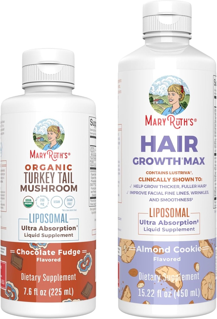 MaryRuth Organics Turquía Tail Mushroom Liposomal (Chocolate Fudge) & Hair Growth MAX (Almond Cookie) ← Clean Label Project Verified® ← Vitaminas para la Inmunidad &amp; Belleza