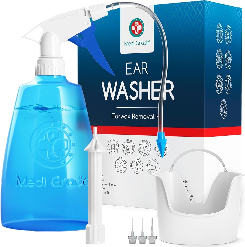 Kit de limpieza de oídos de Medi Grade que incluye botella de limpiador de oídos, base con punta Quad-Stream - Kit de eliminación de cera para la claridad de oído mejorado - Herramienta de eliminación de cera de oído para la higiene del oído