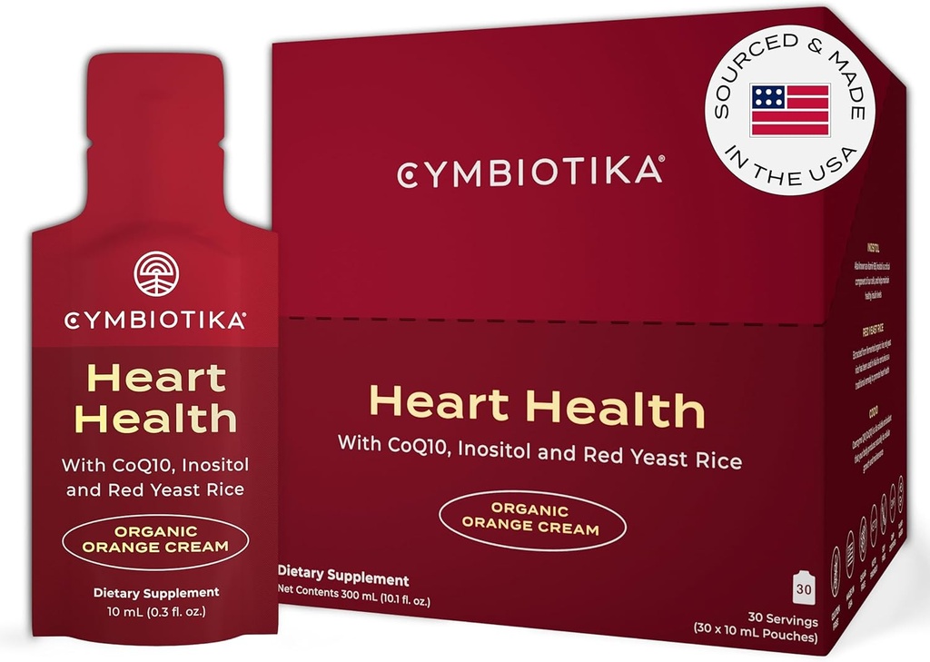 CYMBIOTIKA Suplemento de salud cardíaca con CoQ10, arroz de levadura roja &amp; Inositol, suplementos gratuitos de apoyo Circulación " Envejecimiento, sabor a naranja orgánica, 30 Pack