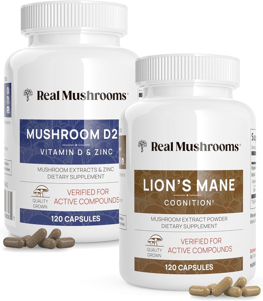 Real Mushrooms Vitamin D2, Zinc, Chaga, Reishi (120ct) y Lion's Mane (120ct) Bundle - Immunity and Cognitive Support, Chelated Zinc for Improved Absorption - Vegan, Gluten Free, Non-GMO