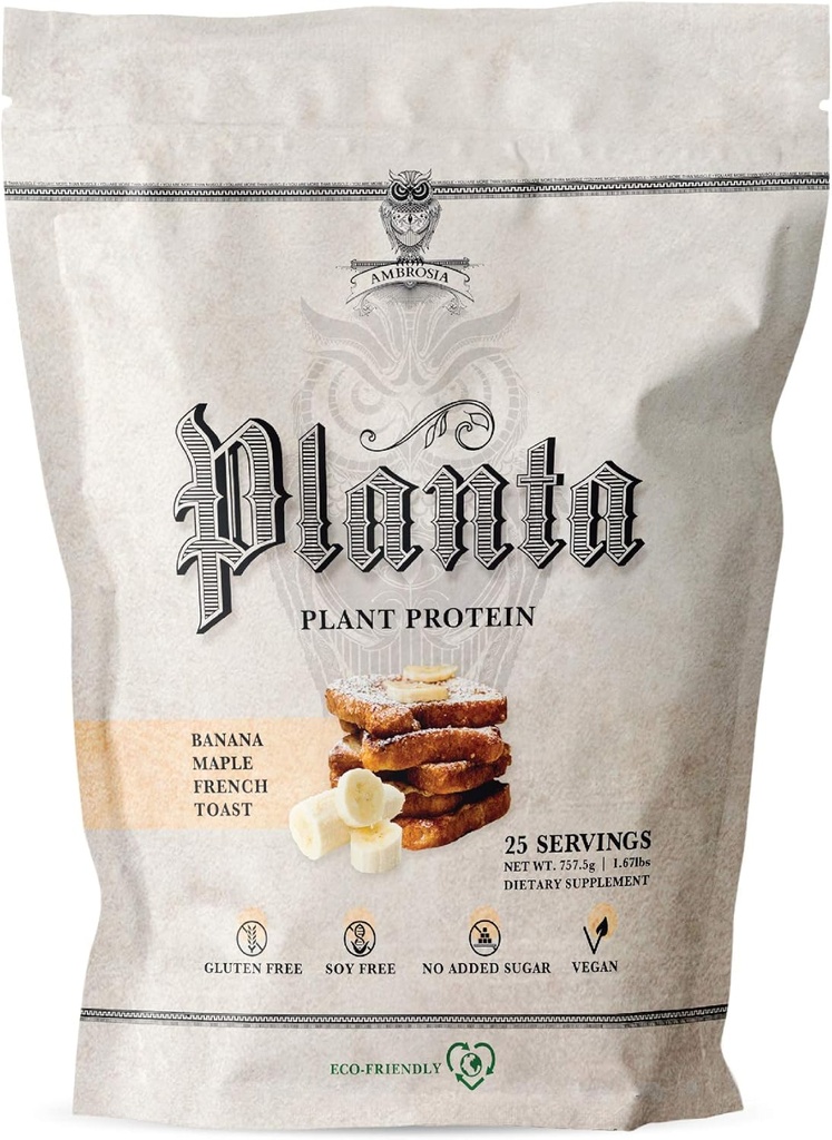 Ambrosia Planta - Premium Plant-Based Protein ¦ Vegan & Keto Friendly ¦ Gourmet Flavors with No Bloating or Stomach Upset TEN Gluten &amp; Soy Free TEN No Añadido Sugar TEN 25 Servings ← Banana Maple