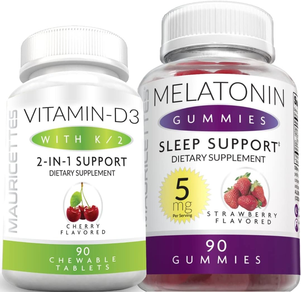 Mauricettes Chewable Vitamin D3 with K2 & Melatonin Gummies Bundle Immune and Sleep Support Bundle for Kids and Adults