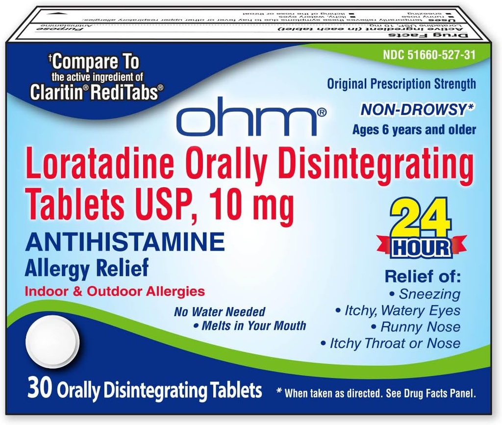 Ohm Loratadine 10 mg Medicina de la alergia - Alivio de la alergia al día no somnoliente, Antihistamínico de 24 horas, Tabletas desintegrantes orales, Alivio efectivo, para los 6 años y hasta - 30 Cuenta